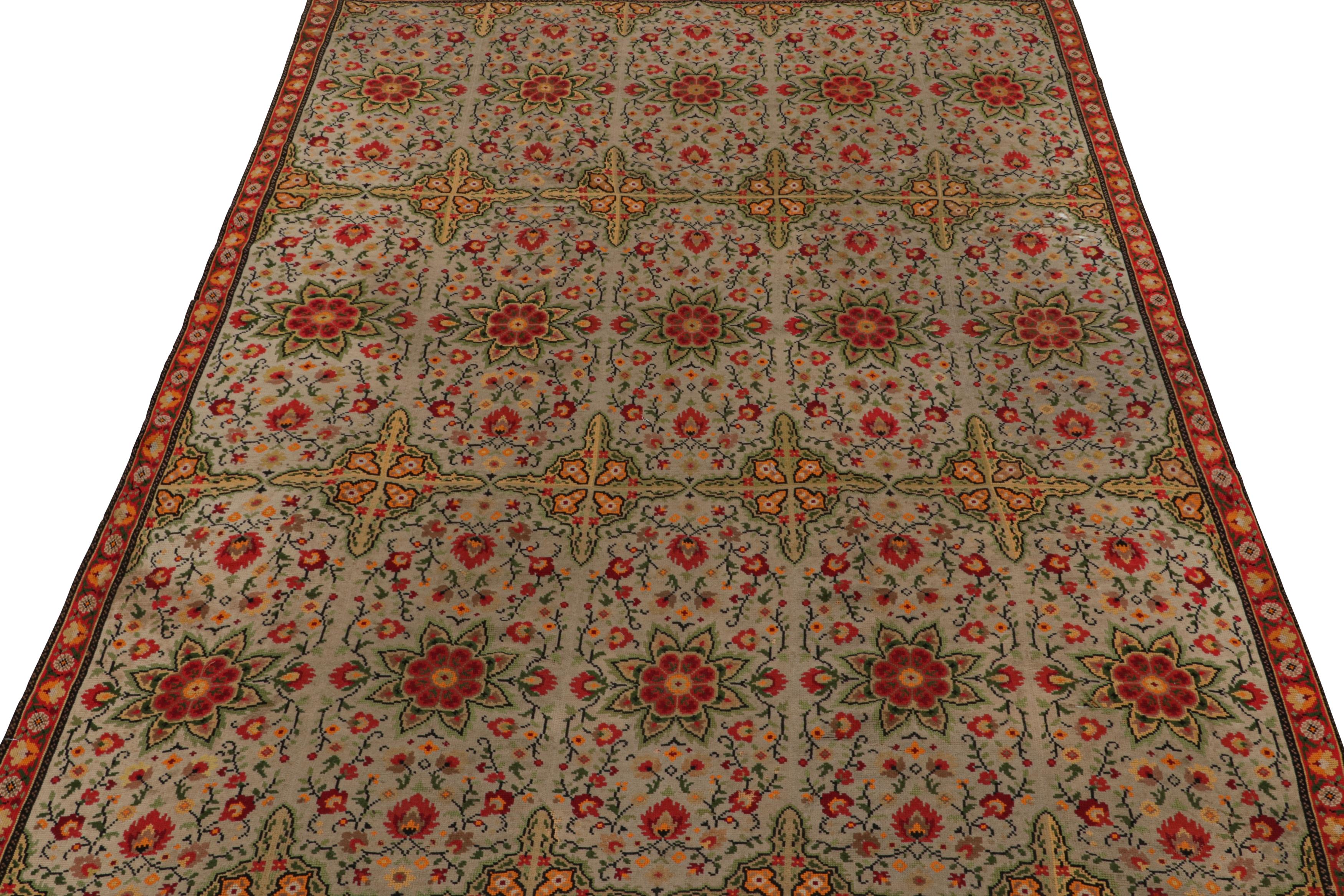 Hand-Woven Antique French Needlepoint Rug in Beige with Floral Patterns, from Rug & Kilim For Sale