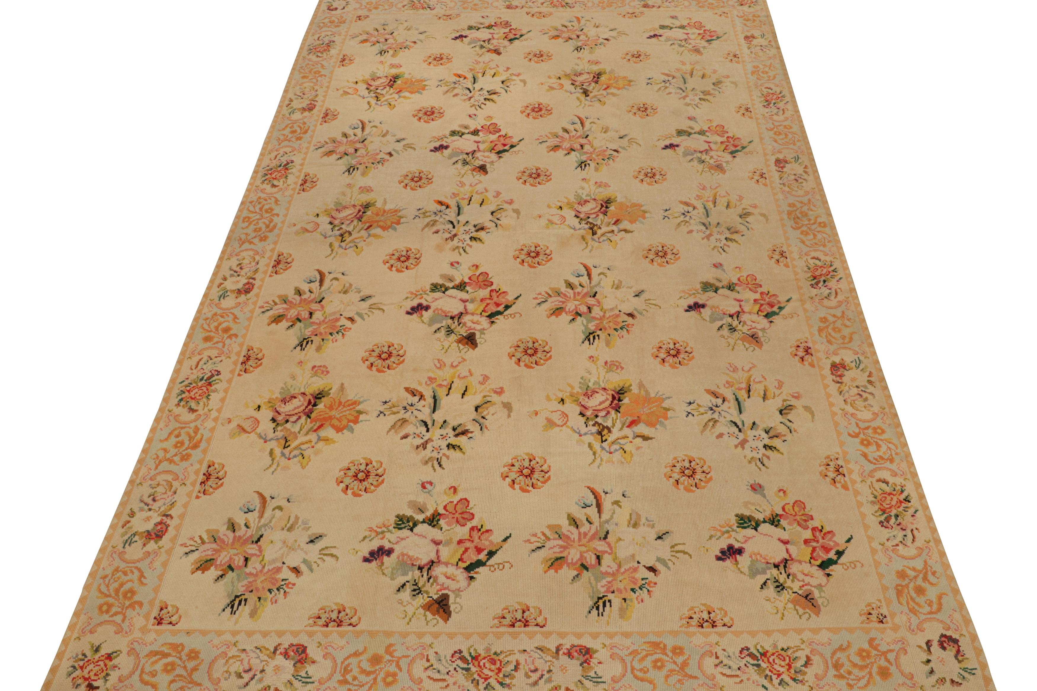 Hand-Woven Antique French Needlepoint Rug in Beige with Floral Patterns, from Rug & Kilim For Sale