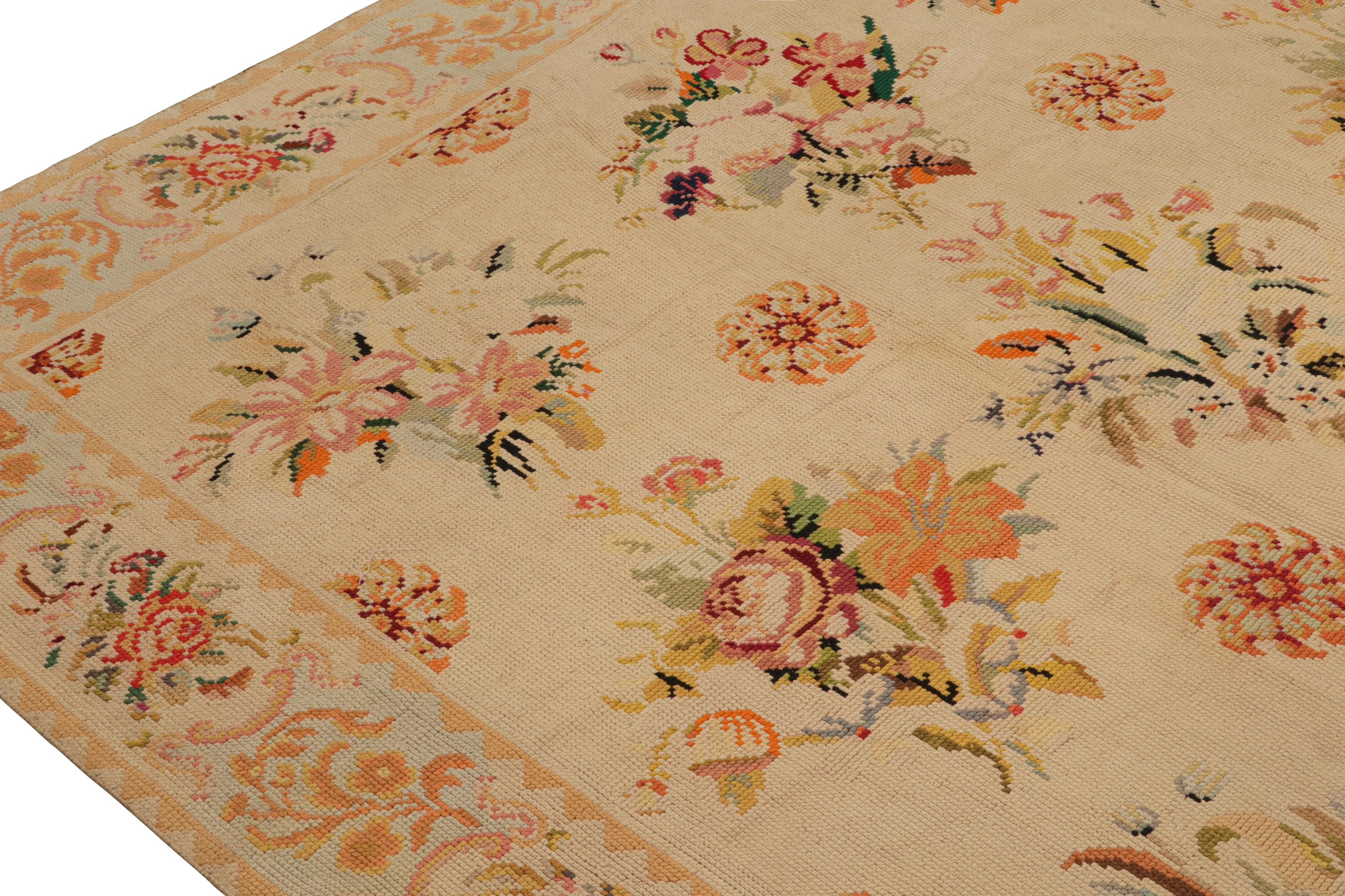 Early 20th Century Antique French Needlepoint Rug in Beige with Floral Patterns, from Rug & Kilim For Sale