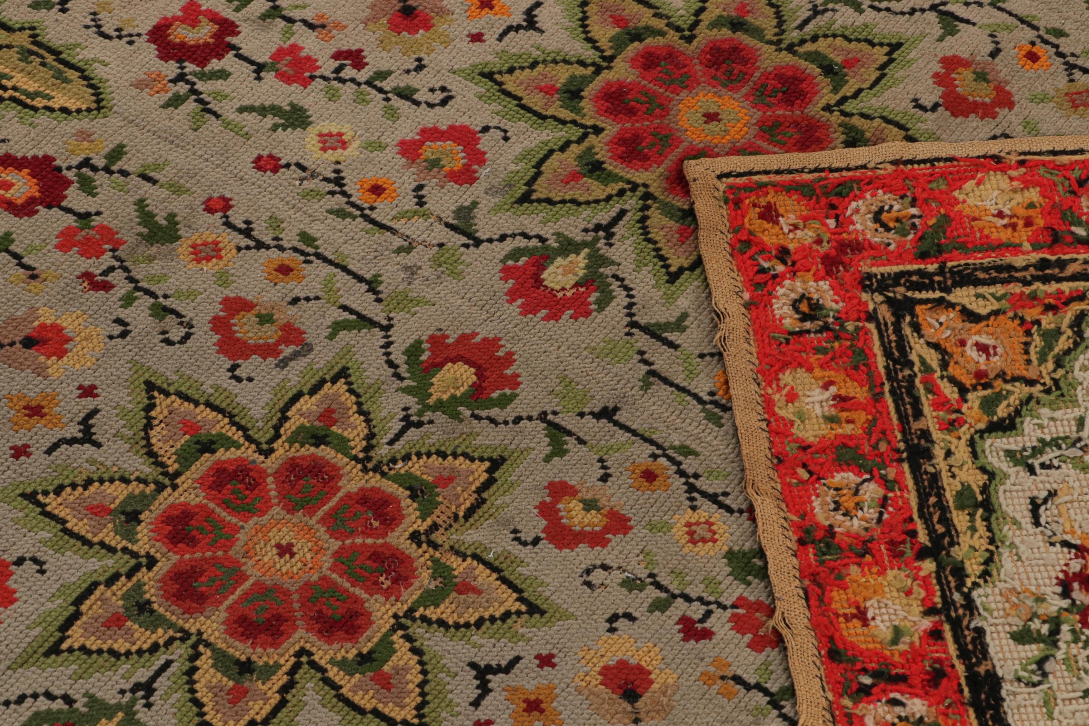 Antique French Needlepoint Rug in Beige with Floral Patterns, from Rug & Kilim For Sale 1