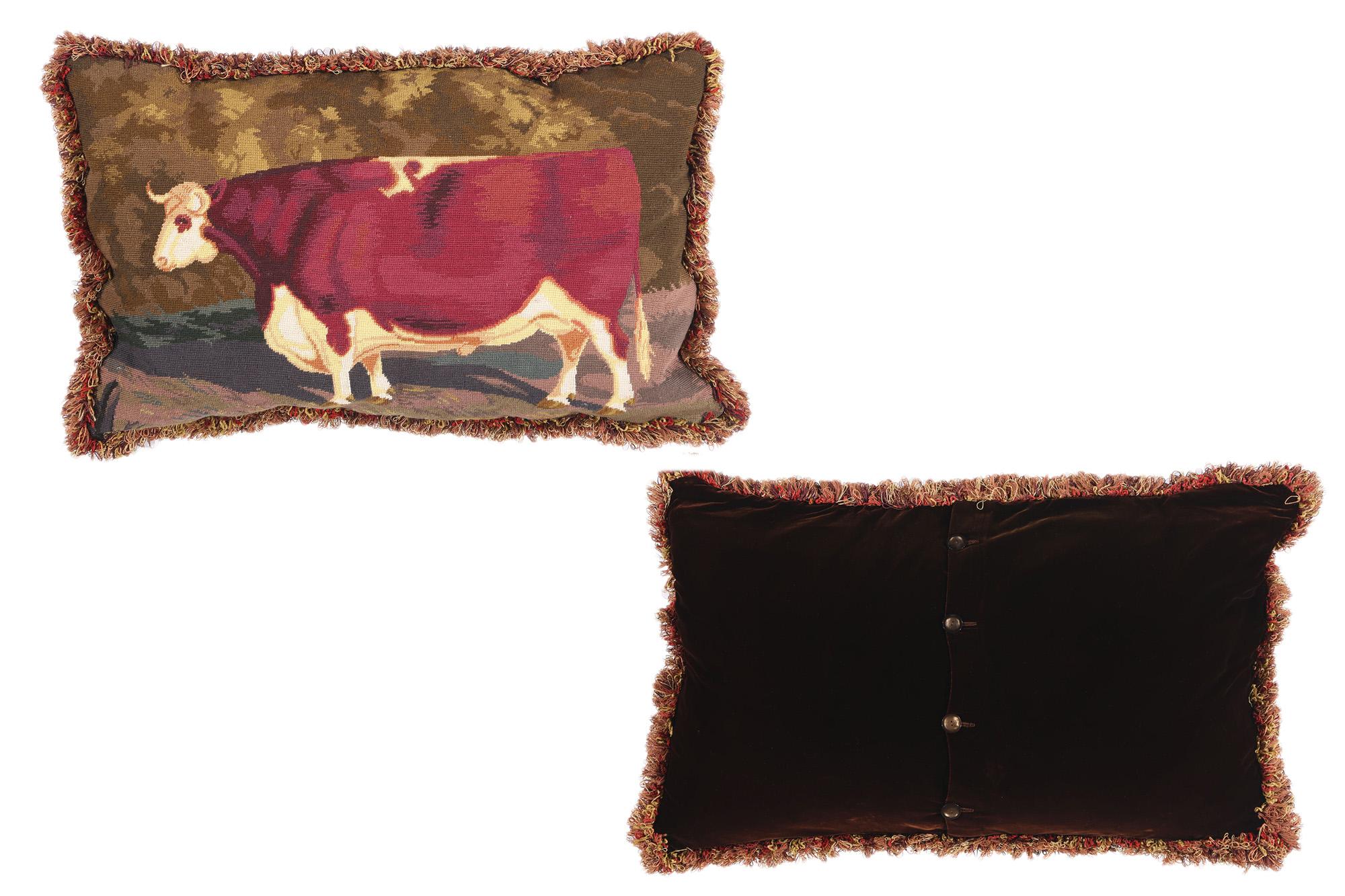 Antique French Needlepoint Shorthorn Ox Tapestry Pillow For Sale 4