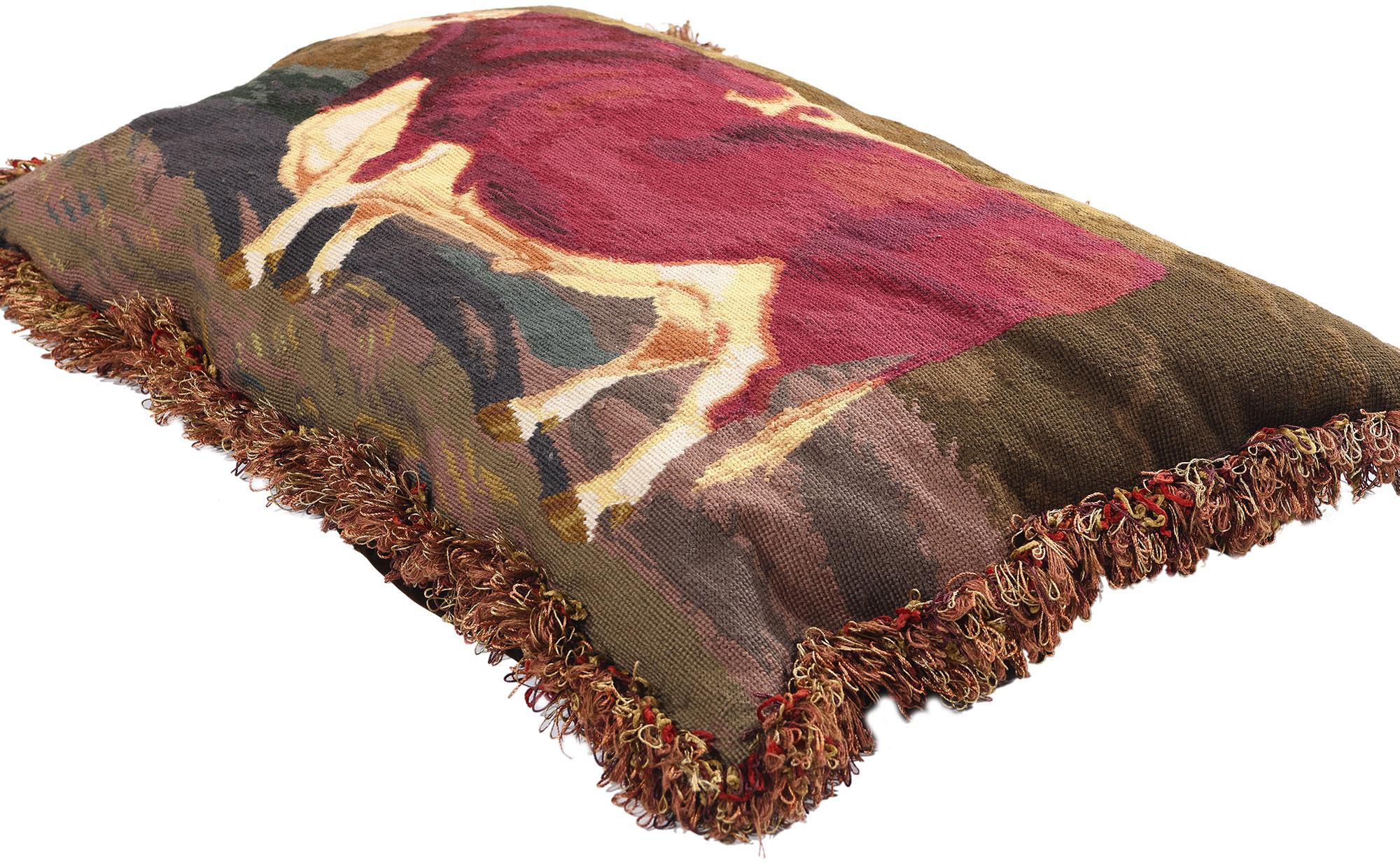 79144 Antique French Needlepoint Shorthorn Ox Tapestry Pillow, 02'09 x 01'09. This exquisite antique French needlepoint tapestry pillow is a remarkable piece that showcases the artistry and craftsmanship of early 20th-century France. Featuring a