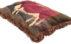 Antique French Needlepoint Shorthorn Ox Tapestry Pillow