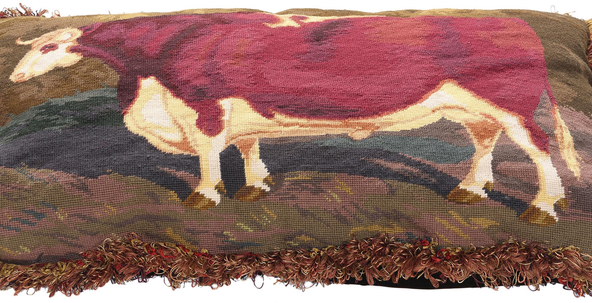 Aubusson Antique French Needlepoint Shorthorn Ox Tapestry Pillow For Sale