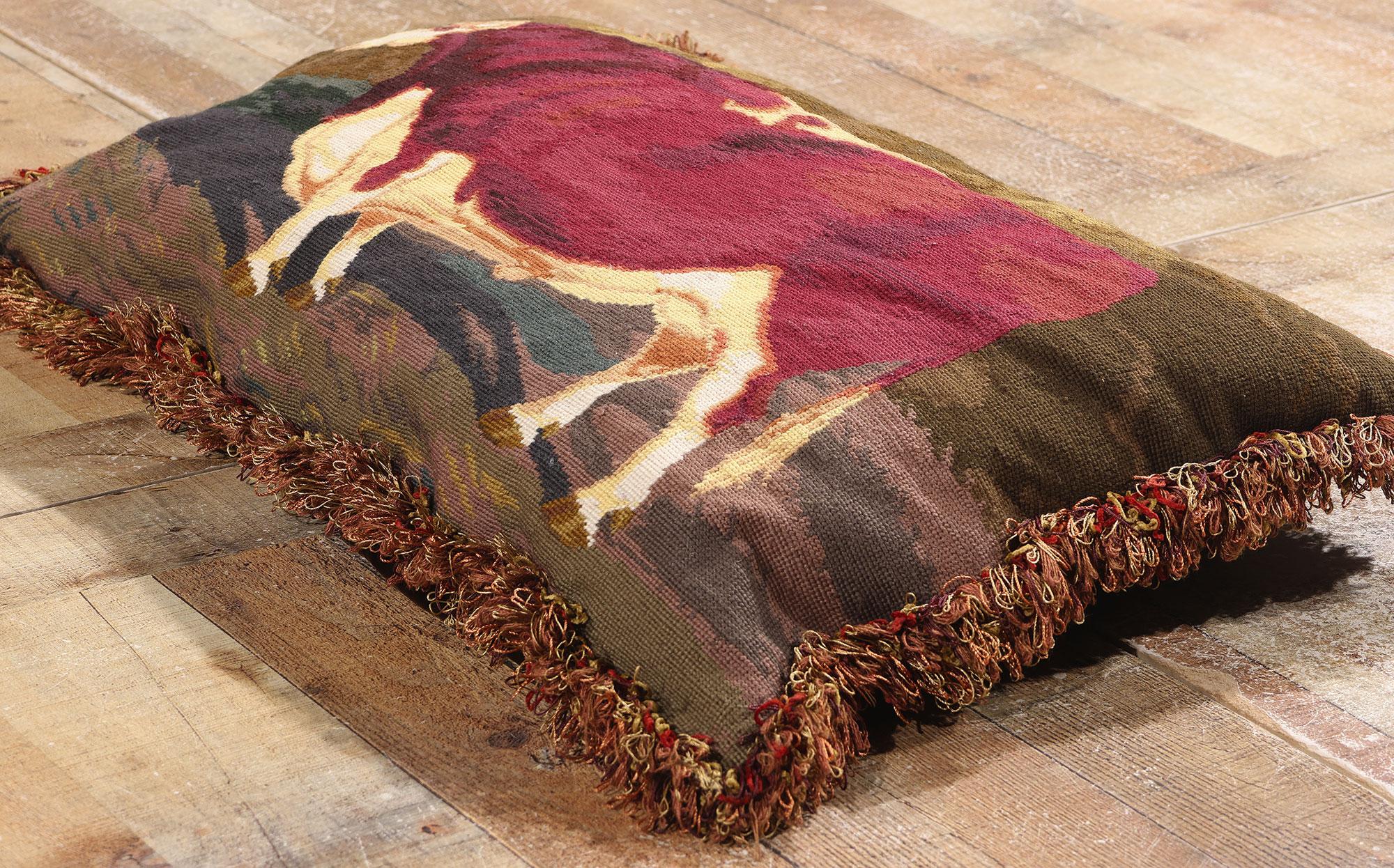 Antique French Needlepoint Shorthorn Ox Tapestry Pillow In Good Condition For Sale In Dallas, TX