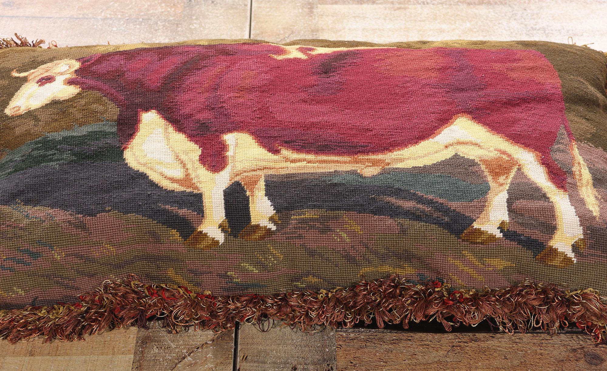 20th Century Antique French Needlepoint Shorthorn Ox Tapestry Pillow For Sale