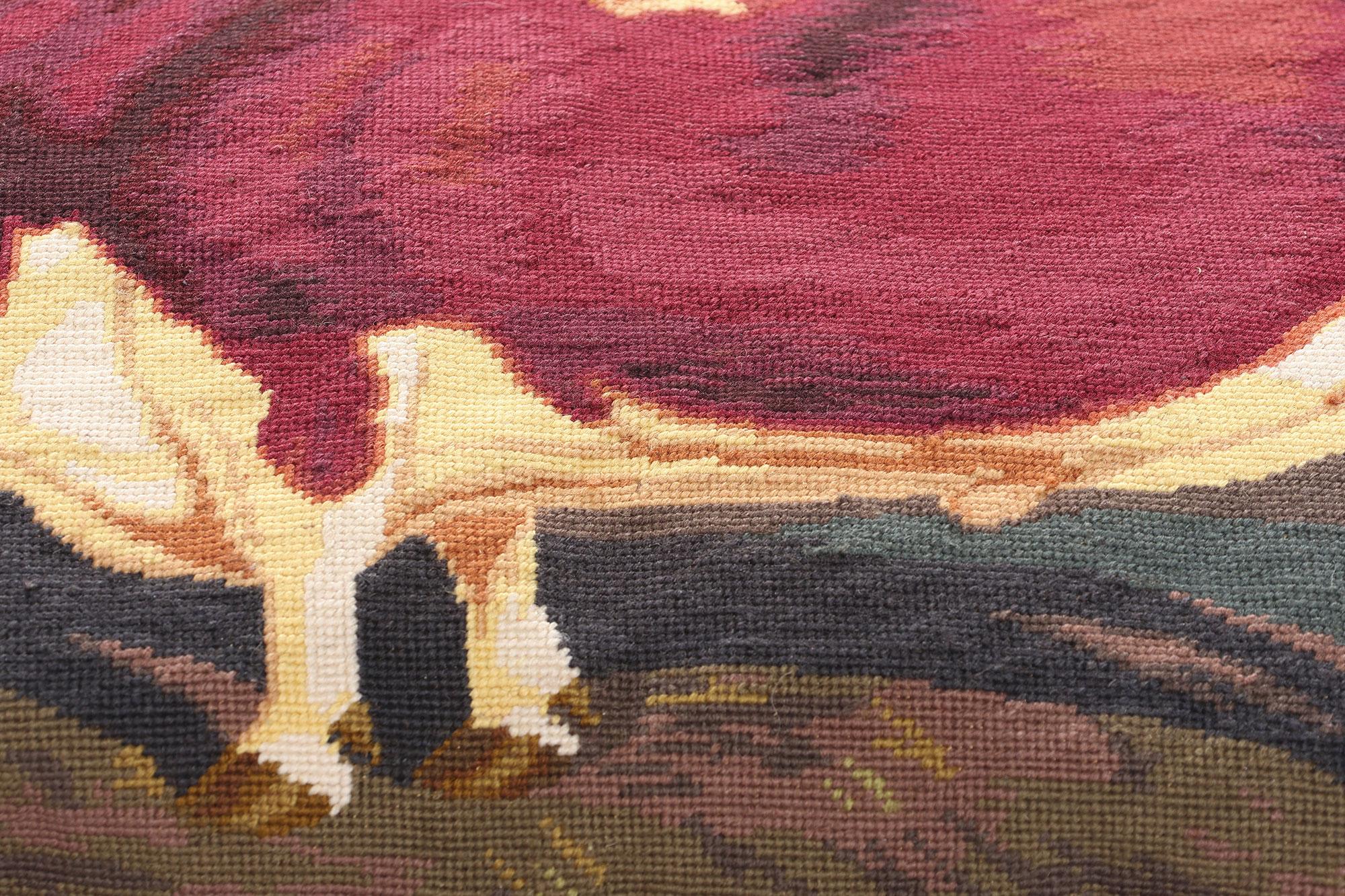 Wool Antique French Needlepoint Shorthorn Ox Tapestry Pillow For Sale