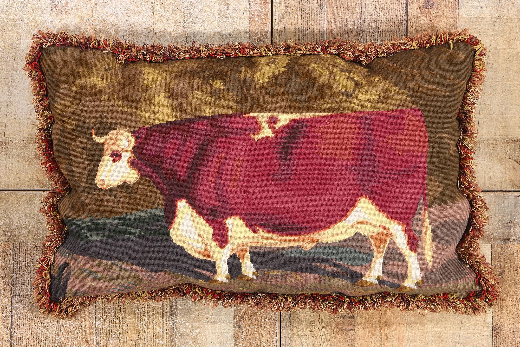 Antique French Needlepoint Shorthorn Ox Tapestry Pillow For Sale 1