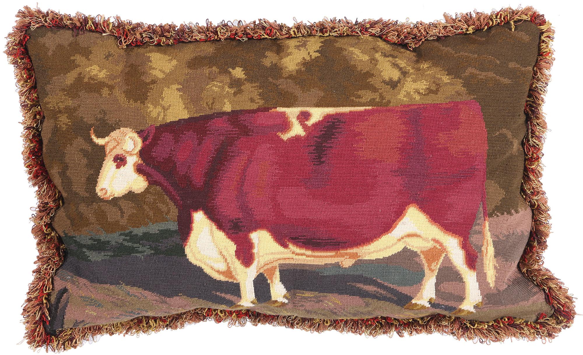 Antique French Needlepoint Shorthorn Ox Tapestry Pillow For Sale 2