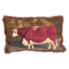 Antique French Needlepoint Shorthorn Ox Tapestry Pillow