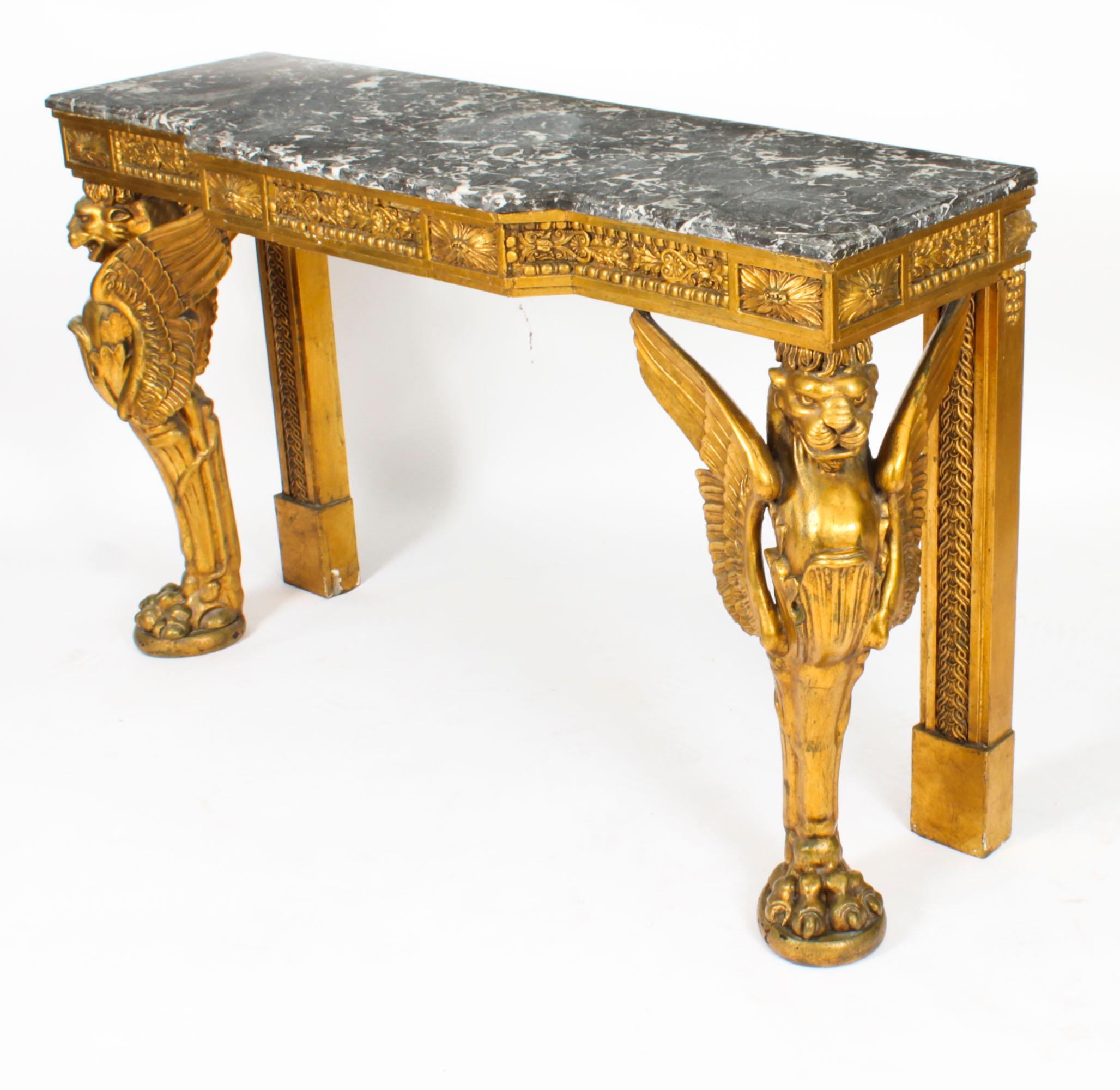 Antique French Neo-Classical Gilded & Marble Top Console Table 1820s For Sale 15