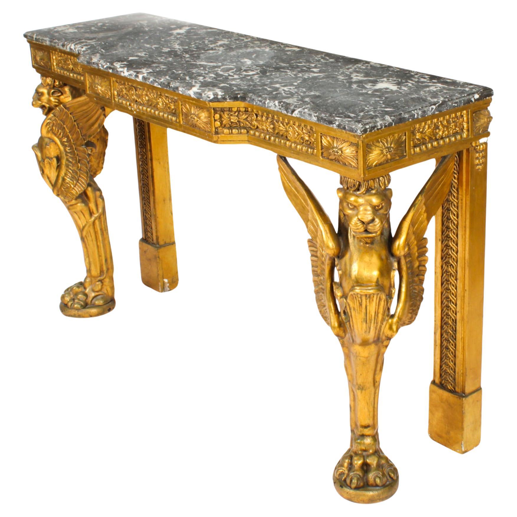 Antique French Neo-Classical Gilded & Marble Top Console Table 1820s For Sale