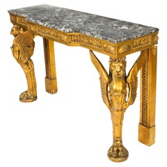 Ancienne table console néoclassique française dorée et plateau en marbre, années 1820