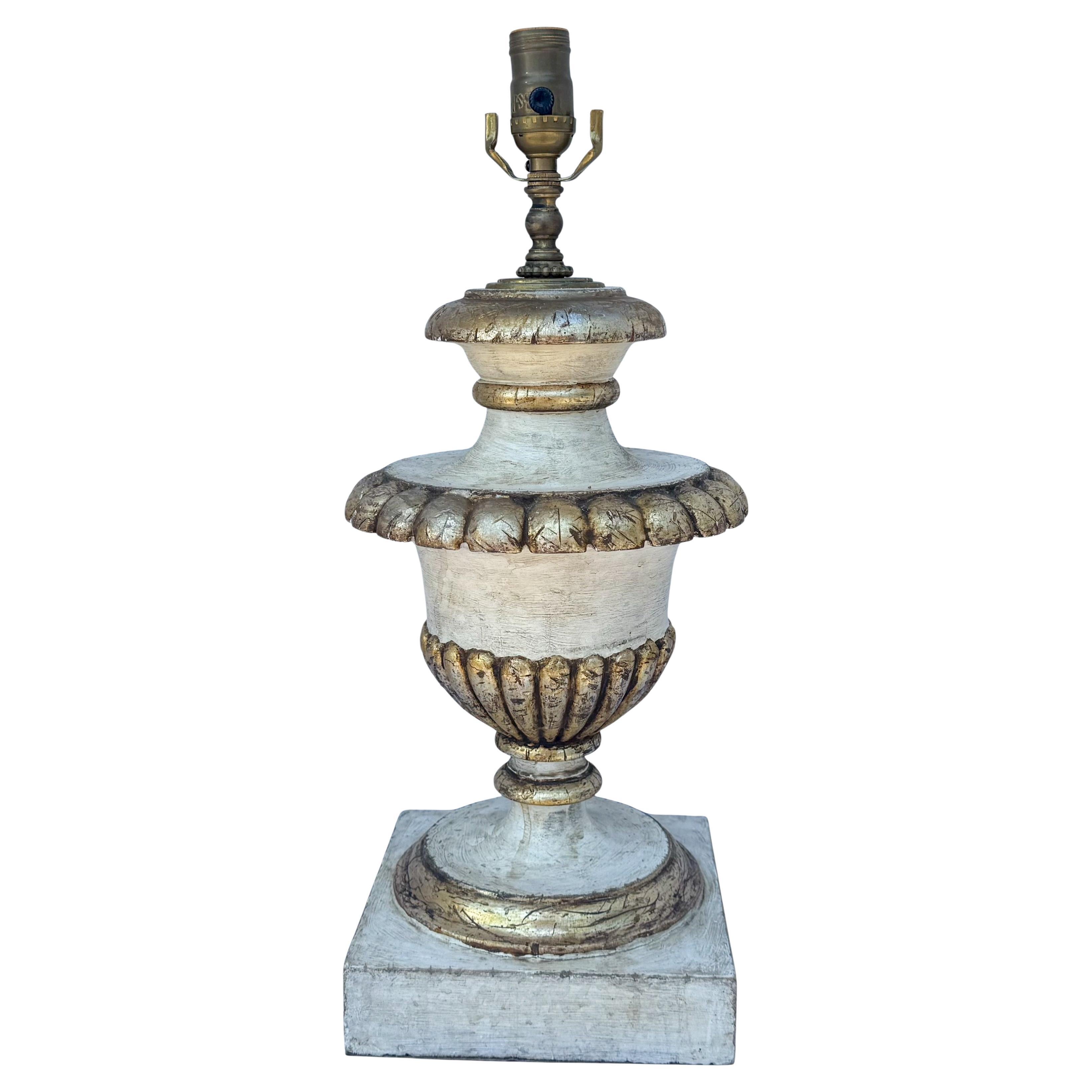 Antique French Neo-Classical Style Carved Gilt Painted Wood Fragment Table Lamp For Sale