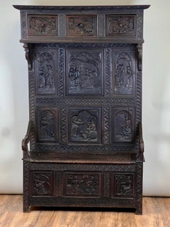 Antique French Neo-Gothic Black Walnut Monk's Bench c. Mid-19th Century