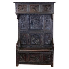 Antique French Neo-Gothic Black Walnut Monk's Bench c. Mid-19th Century