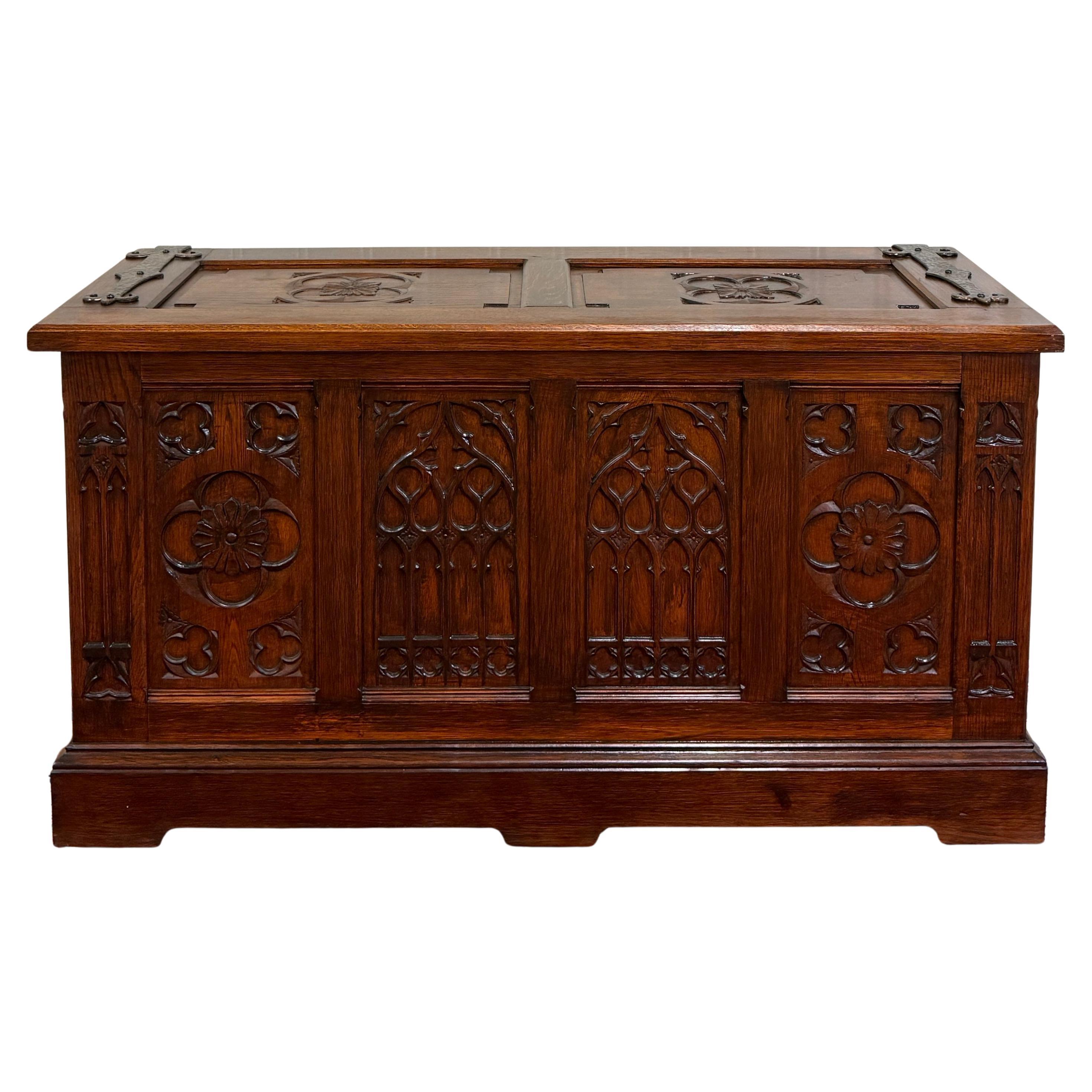 Antique French Neo Gothic Trunk Chest Blanket Box Storage Coffer Oak c. 1930-40s