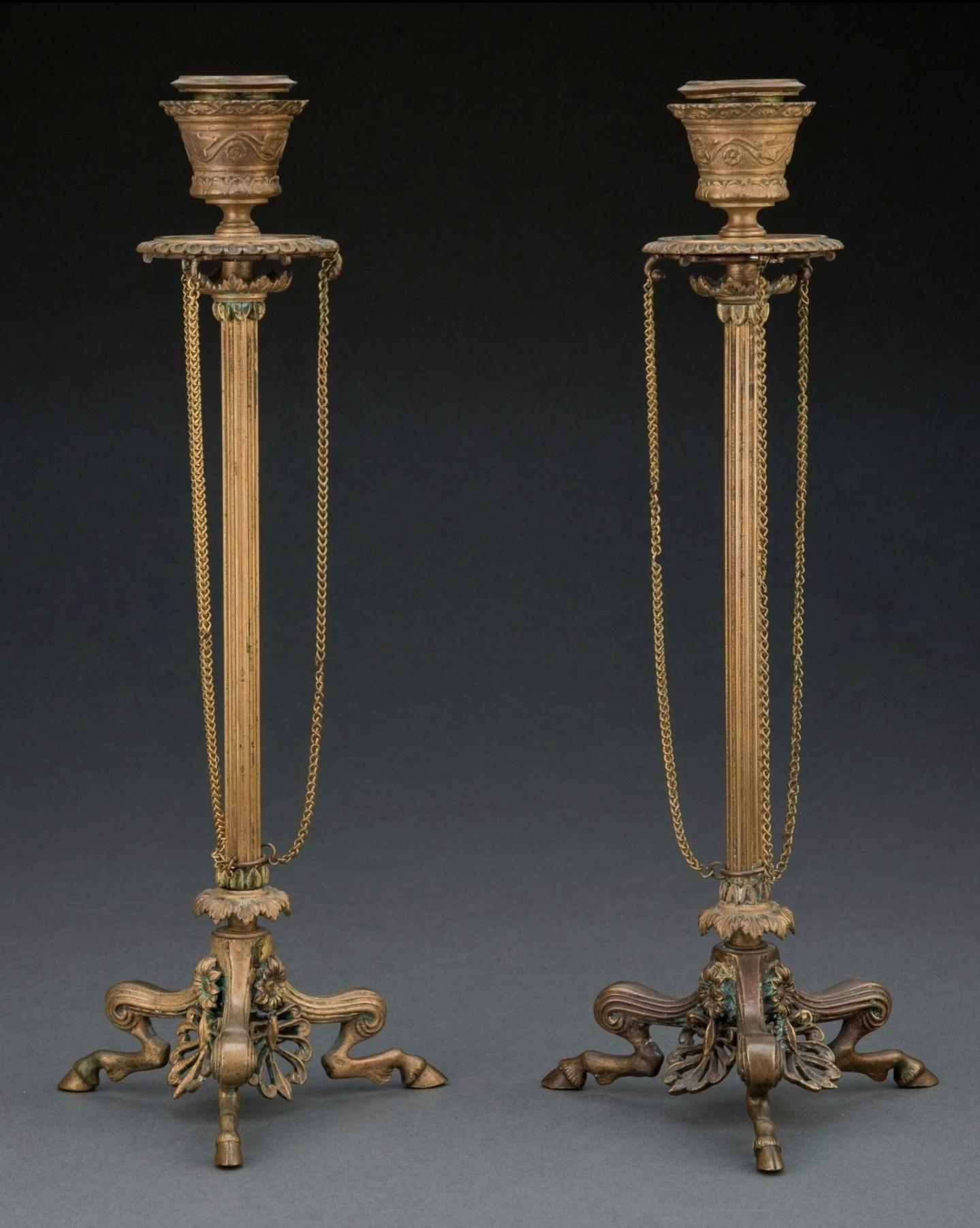 A very elegant pair of classic French 19th century Neo-Pompeian style patinated bronze candlesticks by Ferdinand Barbedienne (1810-1892)

Paris, France, circa 1860, Napoleon III Second Empire Period (1852-1870), fine quality cast bronzework, styled