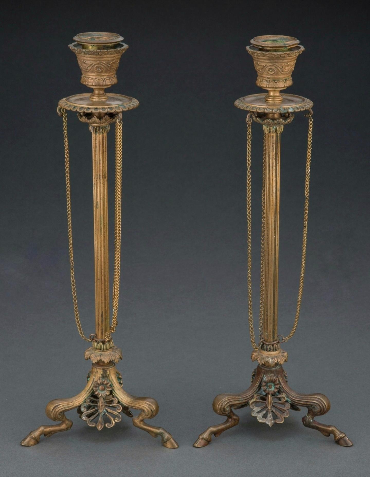 Napoleon III Antique French Neo-Pompeian Bronze Candlestick Pair Ferdinand Barbedienne