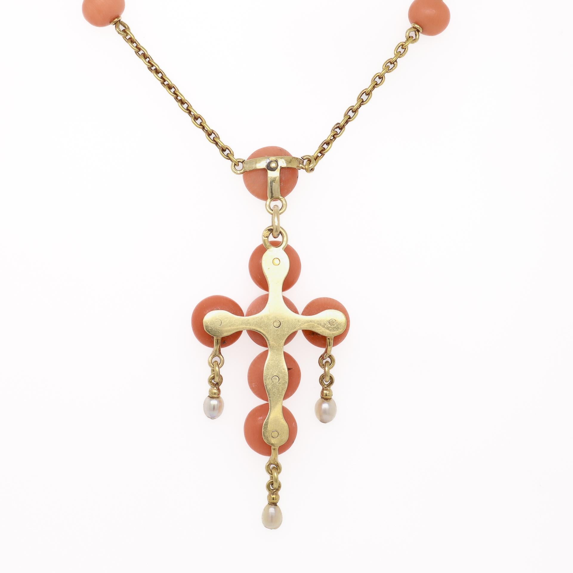 Antique French Neoclassical 18K Gold, Coral, & Diamond Pendant Cross Necklace For Sale 5