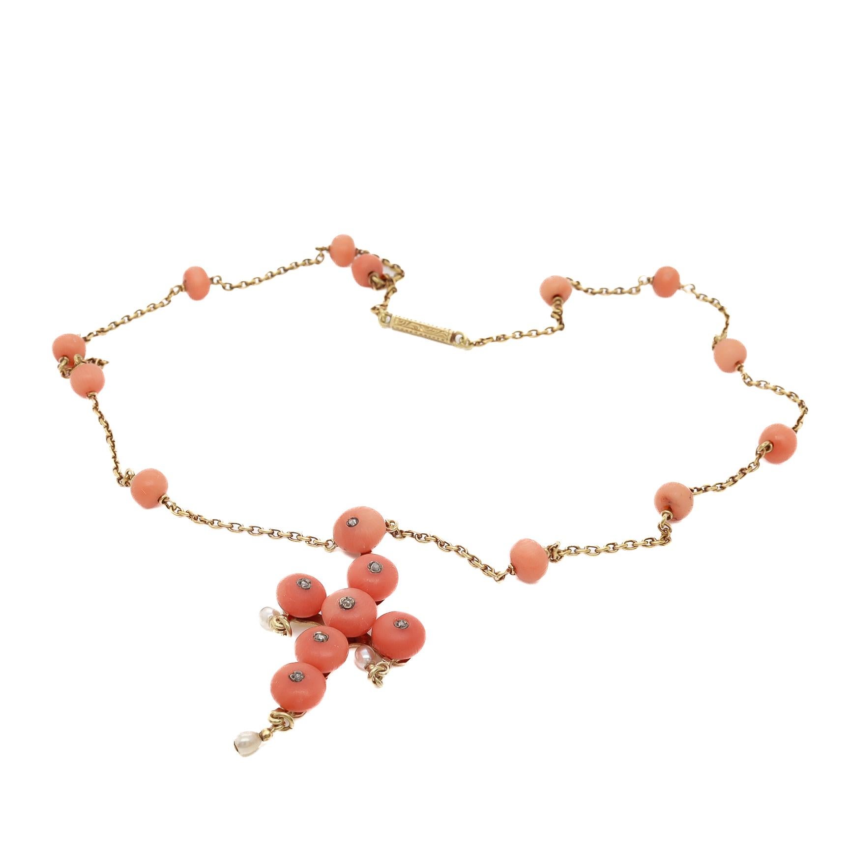 Antique French Neoclassical 18K Gold, Coral, & Diamond Pendant Cross Necklace For Sale 6