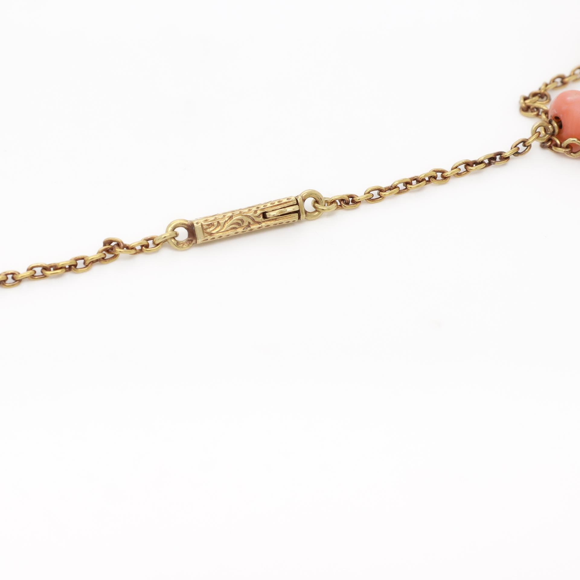 Antique French Neoclassical 18K Gold, Coral, & Diamond Pendant Cross Necklace For Sale 7
