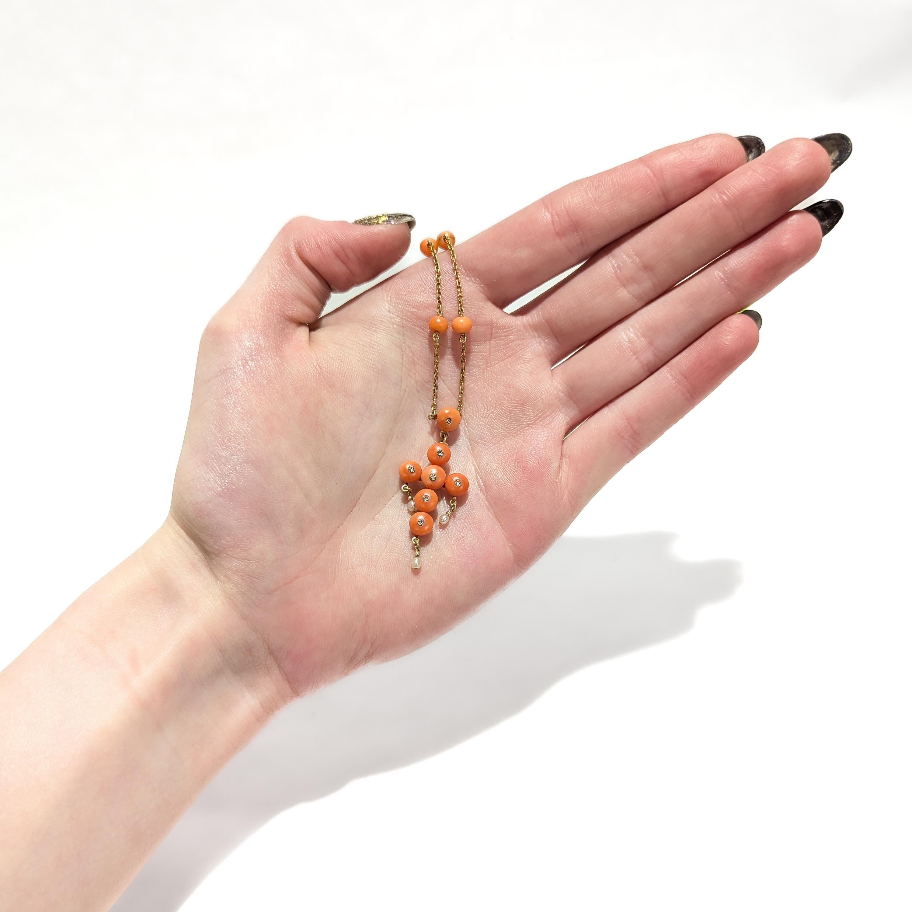 Cabochon Antique French Neoclassical 18K Gold, Coral, & Diamond Pendant Cross Necklace For Sale