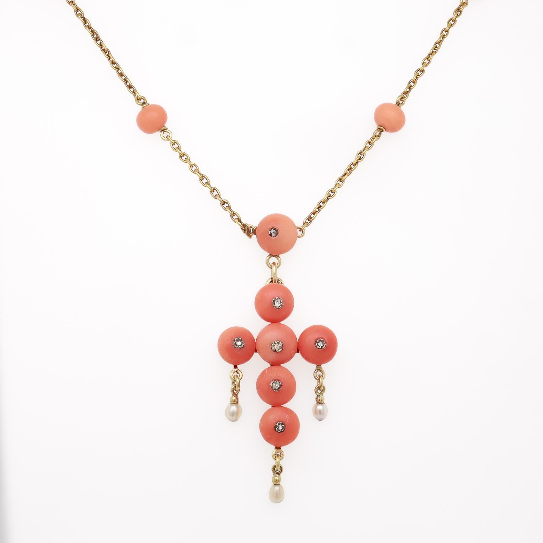 Antique French Neoclassical 18K Gold, Coral, & Diamond Pendant Cross Necklace In Good Condition For Sale In Philadelphia, PA