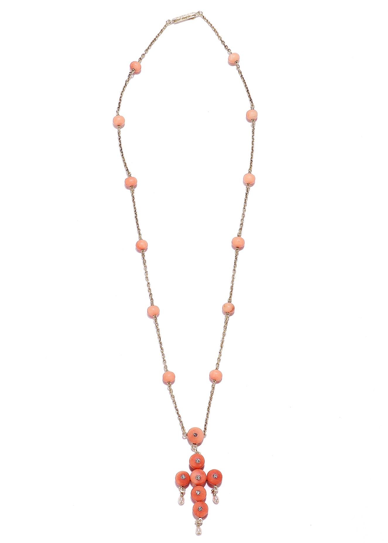 Women's Antique French Neoclassical 18K Gold, Coral, & Diamond Pendant Cross Necklace For Sale