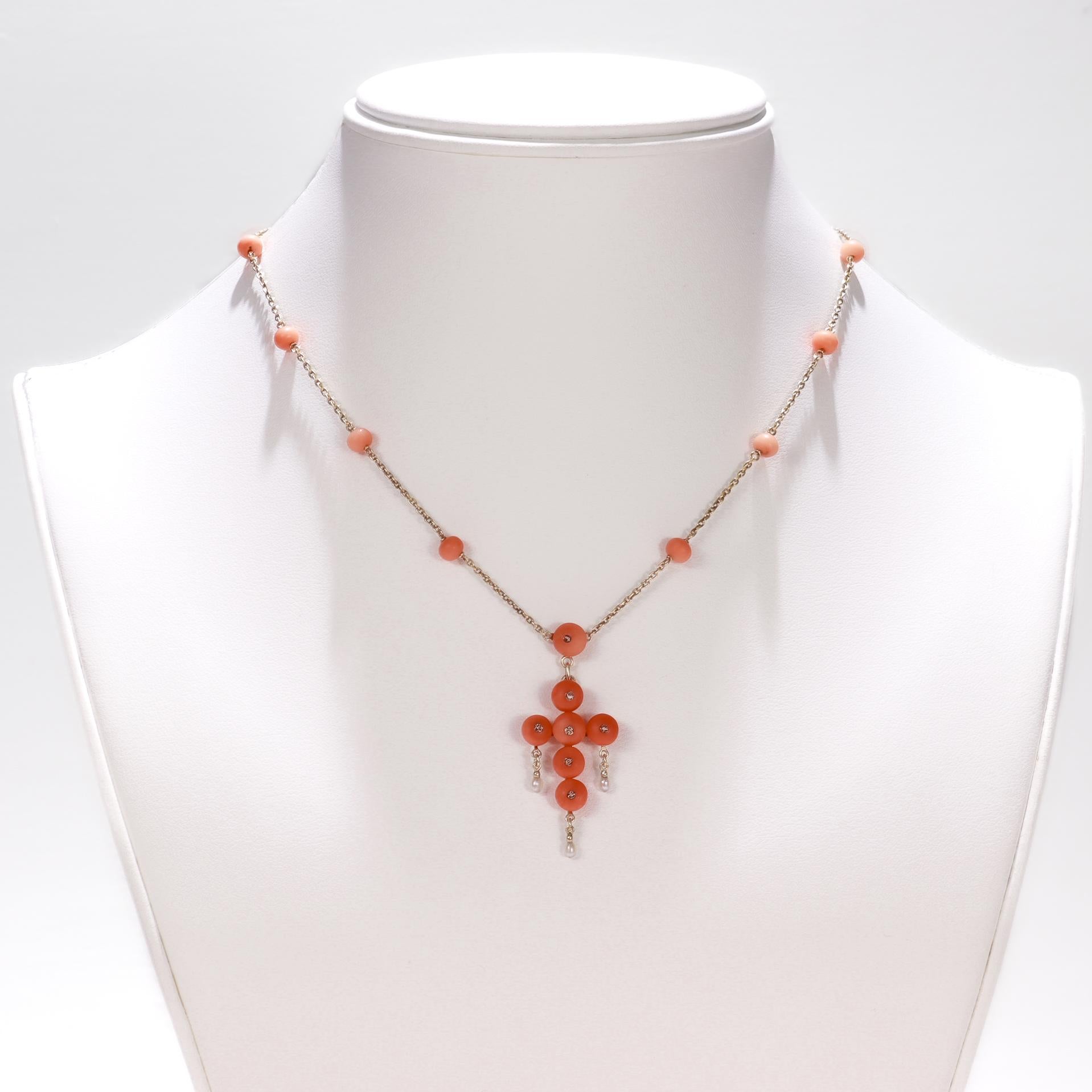 Antique French Neoclassical 18K Gold, Coral, & Diamond Pendant Cross Necklace For Sale 1