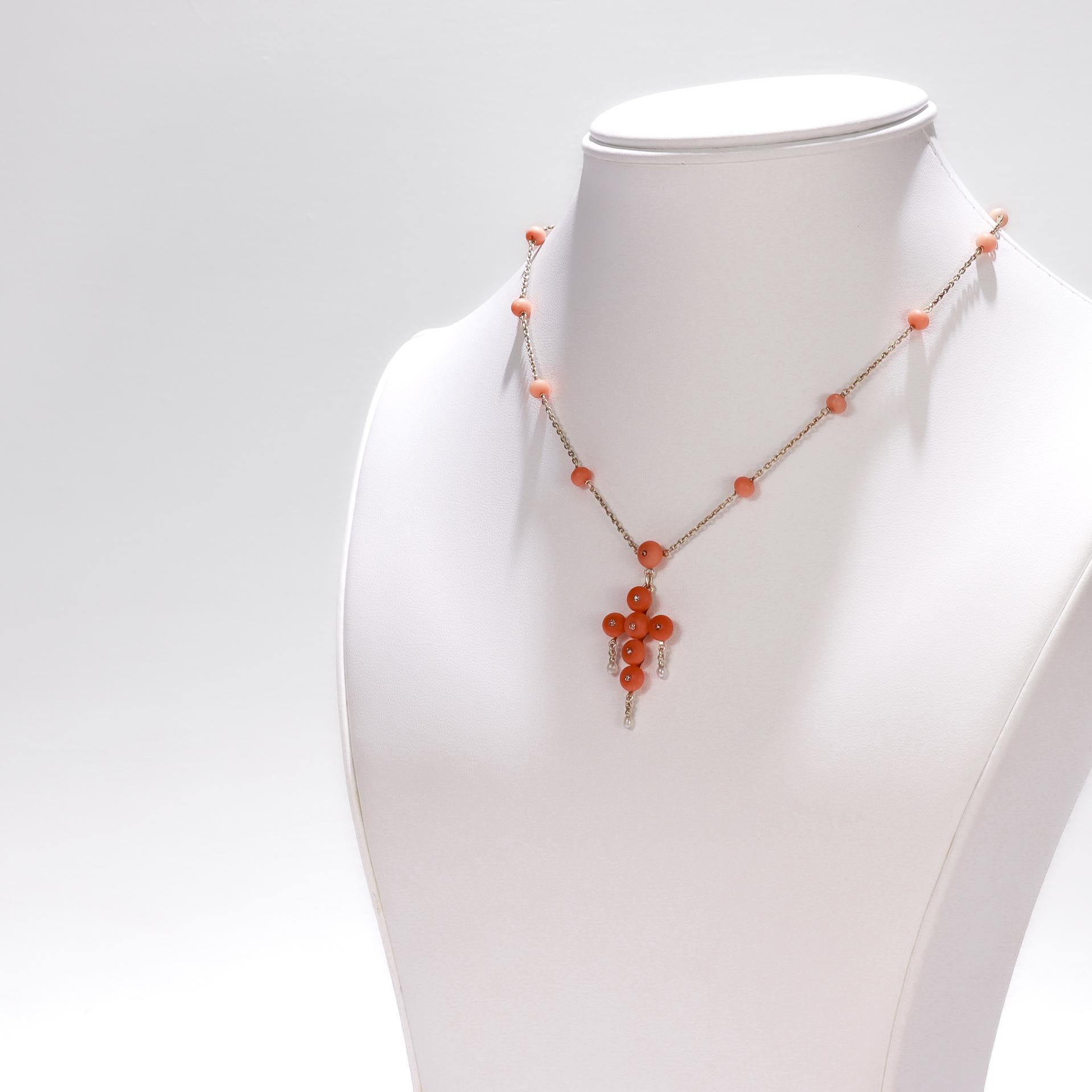 Antique French Neoclassical 18K Gold, Coral, & Diamond Pendant Cross Necklace For Sale 2