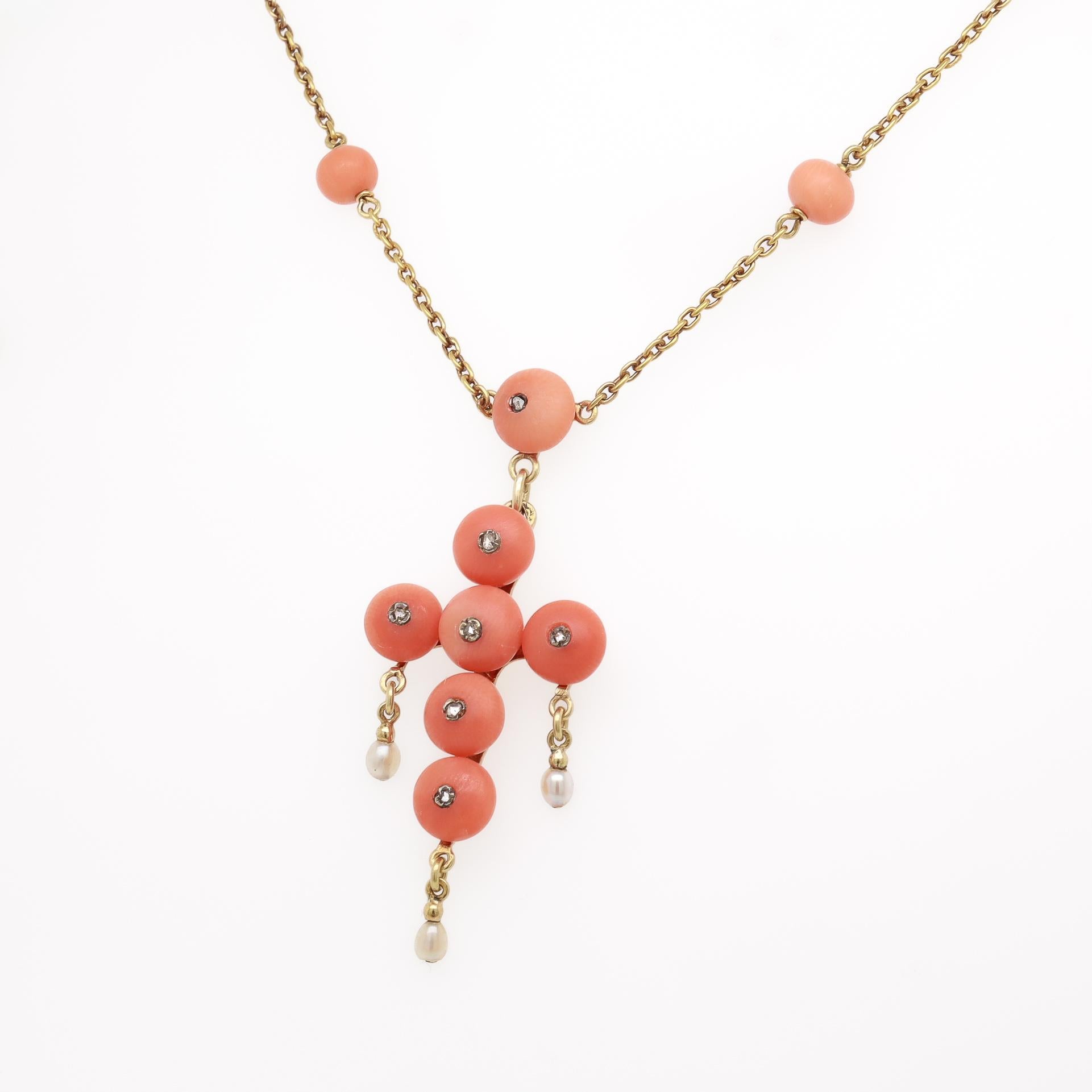 Antique French Neoclassical 18K Gold, Coral, & Diamond Pendant Cross Necklace For Sale 3