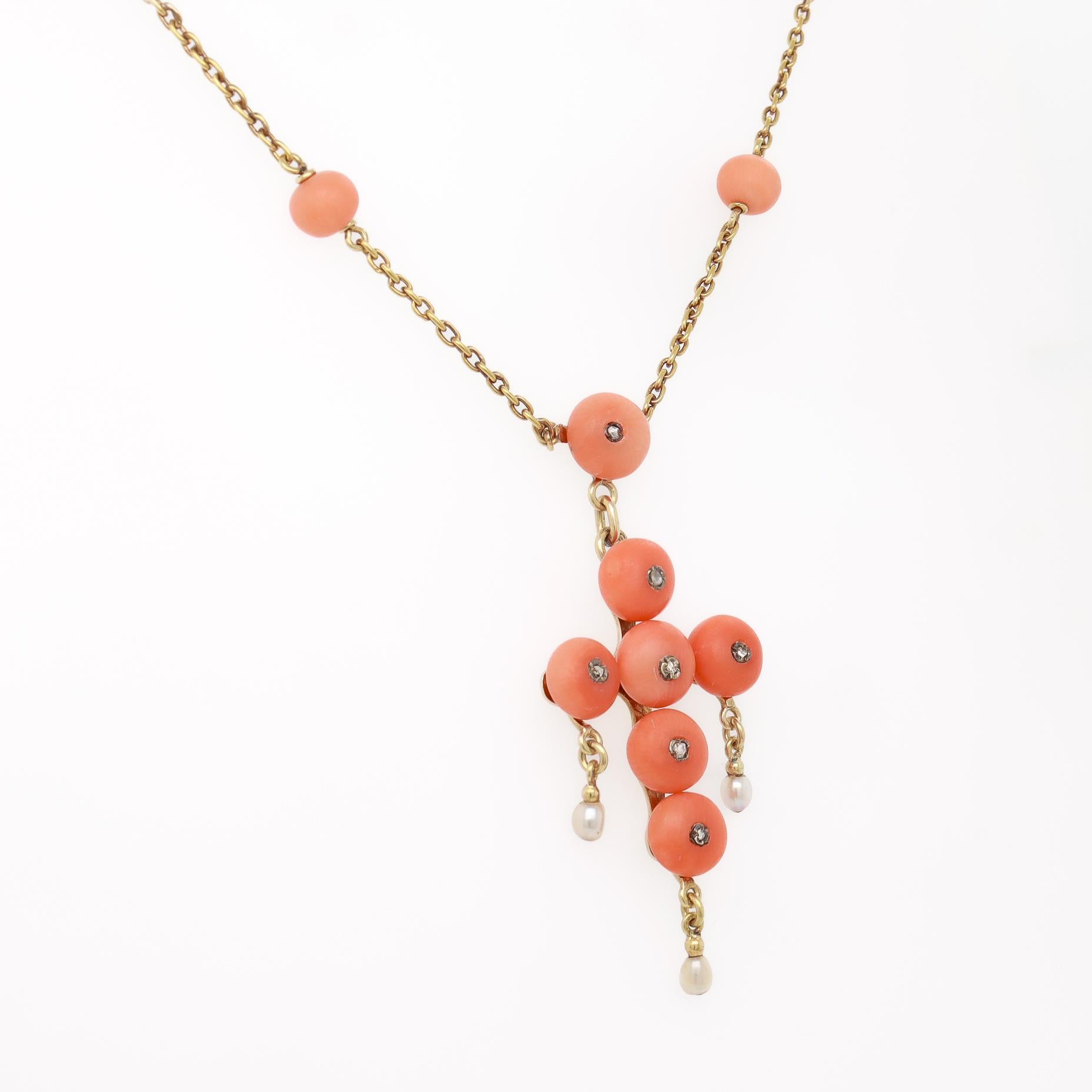 Antique French Neoclassical 18K Gold, Coral, & Diamond Pendant Cross Necklace For Sale 4