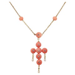 Antique French Neoclassical 18K Gold, Coral, & Diamond Pendant Cross Necklace