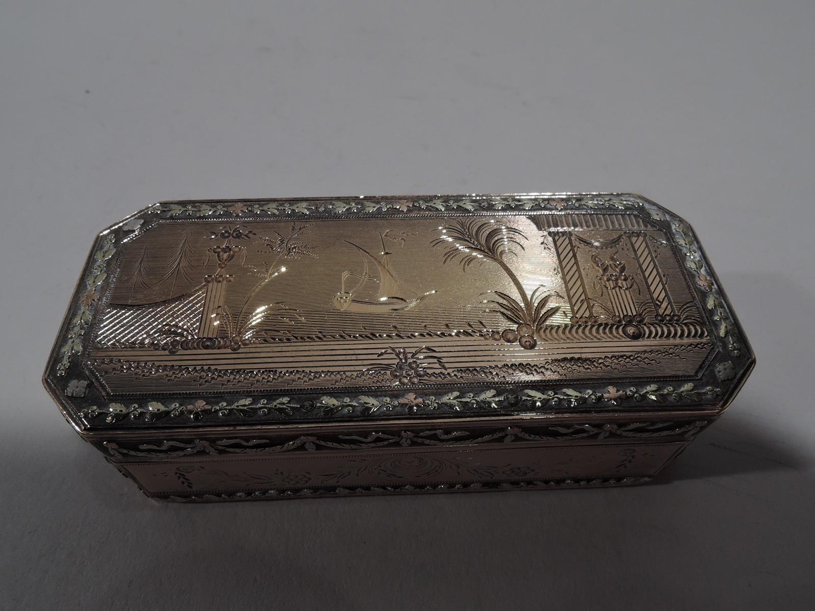 Elegant French Neoclassical 18k gold snuffbox, 19th century. Rectangular with chamfered corners. Cover flat and hinged. Bright-cut ornament engraved on pink ground. On cover Classical architecture and sailboat. On bottom an amphora vase with flowers