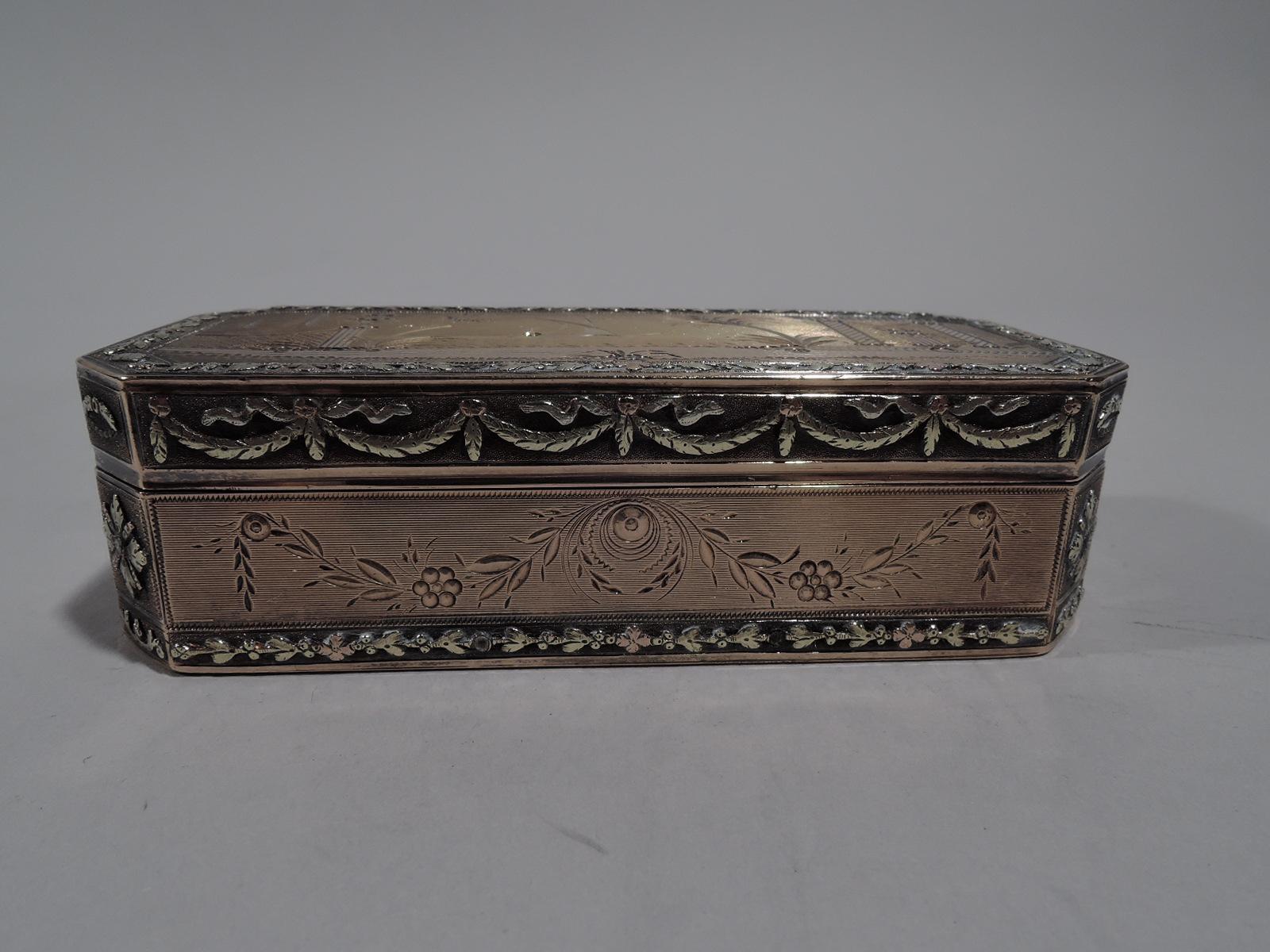 Antique French Neoclassical 18 Karat Gold Snuffbox with Bright-Cut Ornament In Excellent Condition In New York, NY