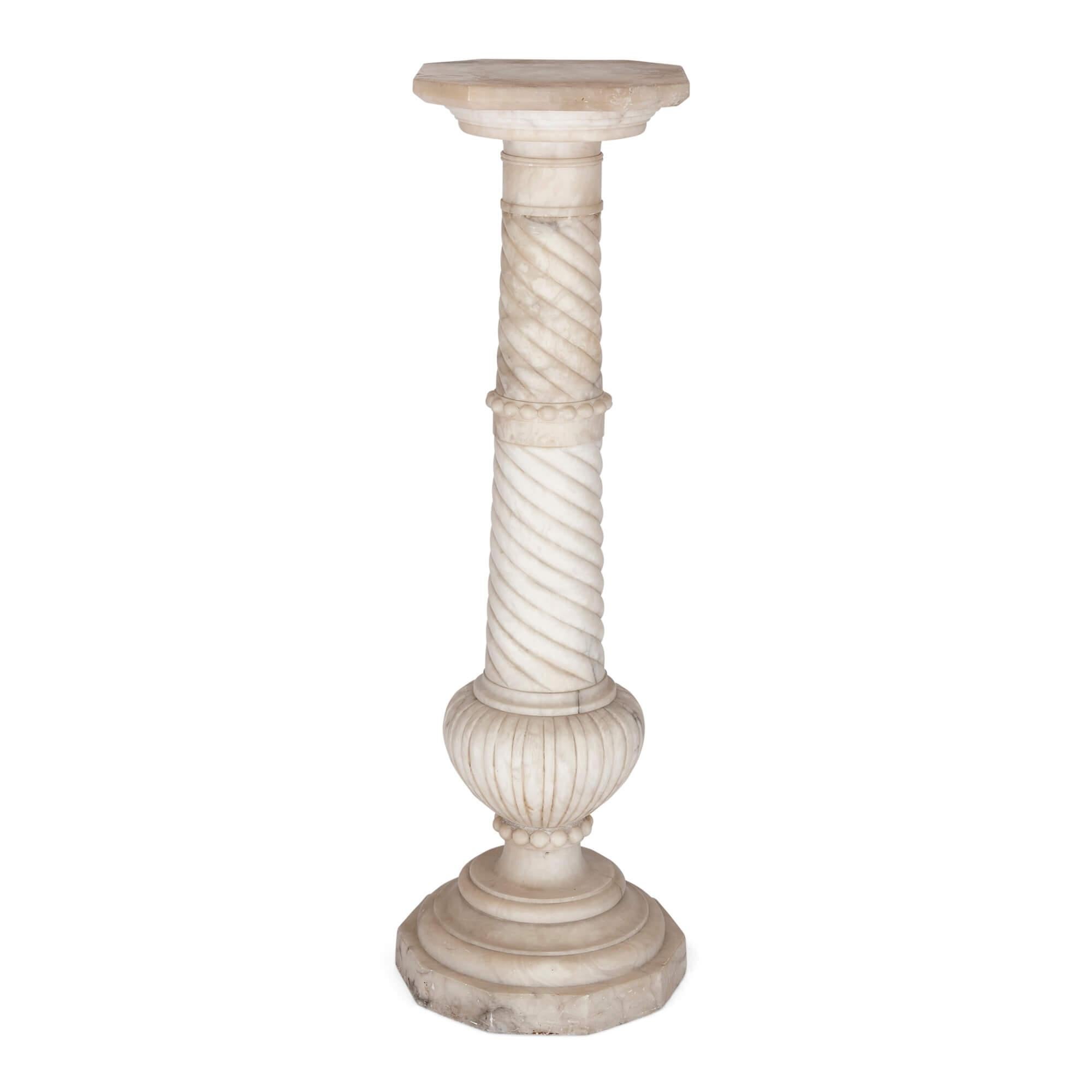 Antique French neoclassical alabaster pedestal
French, Late 19th Century
Height 112cm, width 35cm, depth 35cm

This elegant and fine pure white alabaster pedestal was made in France in the late nineteenth century. It is carved in Neoclassical