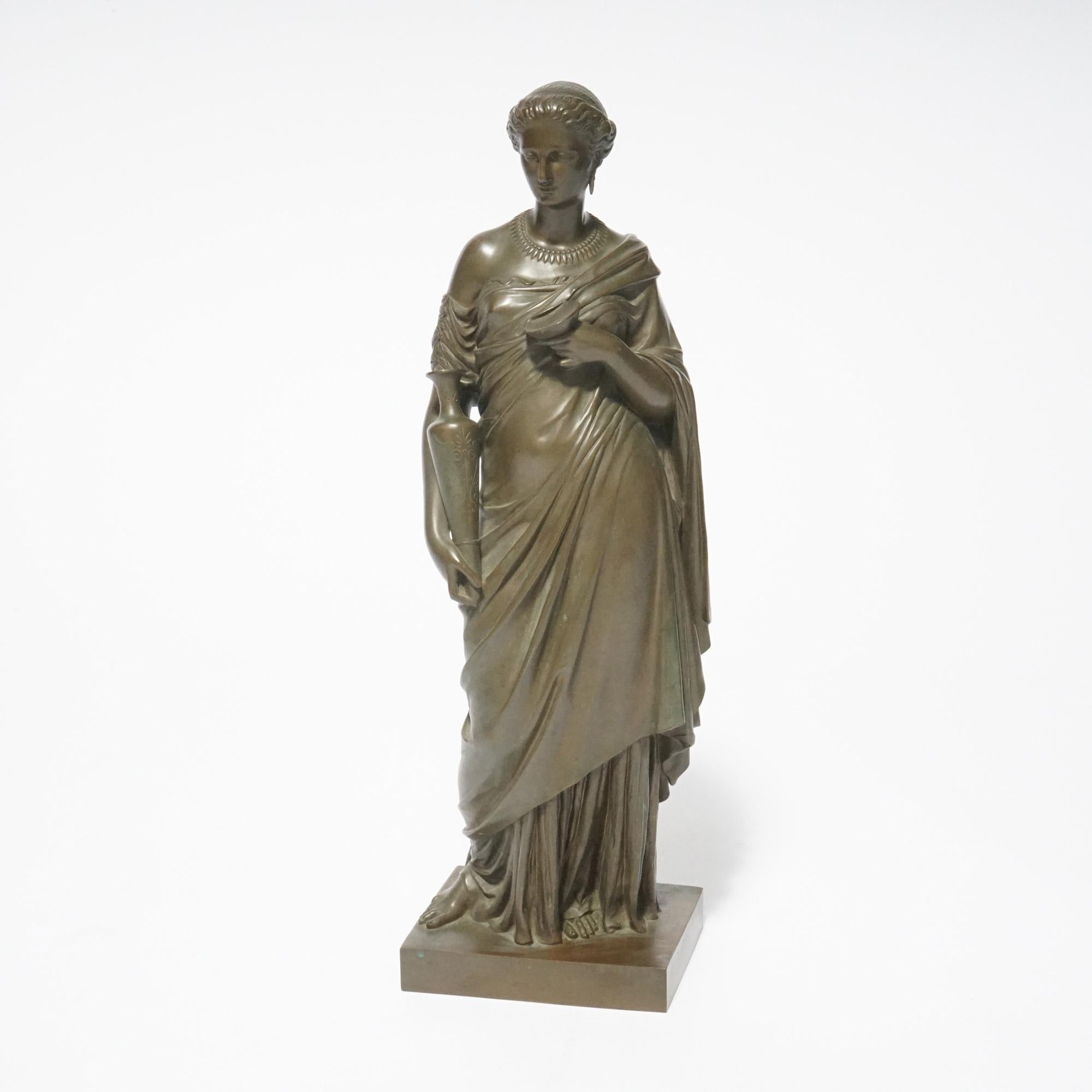 An antique French cast bronze sculpture by Barbedienne Foundry depicts portrait of a Classical woman, foundry stamp on base, 19th century
 
Measures- 24''H x 7.5''W x 6''D