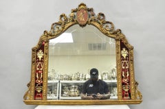 Specchio da parete antico francese in stile neoclassico e barocco, con cornice in gesso dorato e vetro rosso