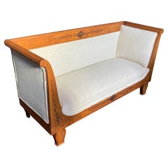 Antique French Neoclassical Biedermeier Style Marquetry Burled Walnut Sofa