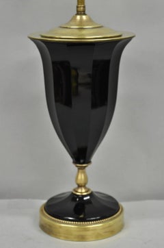 Antique French Neoclassical Black Faceted Oplalene Glass Urn Brass Table Lamp