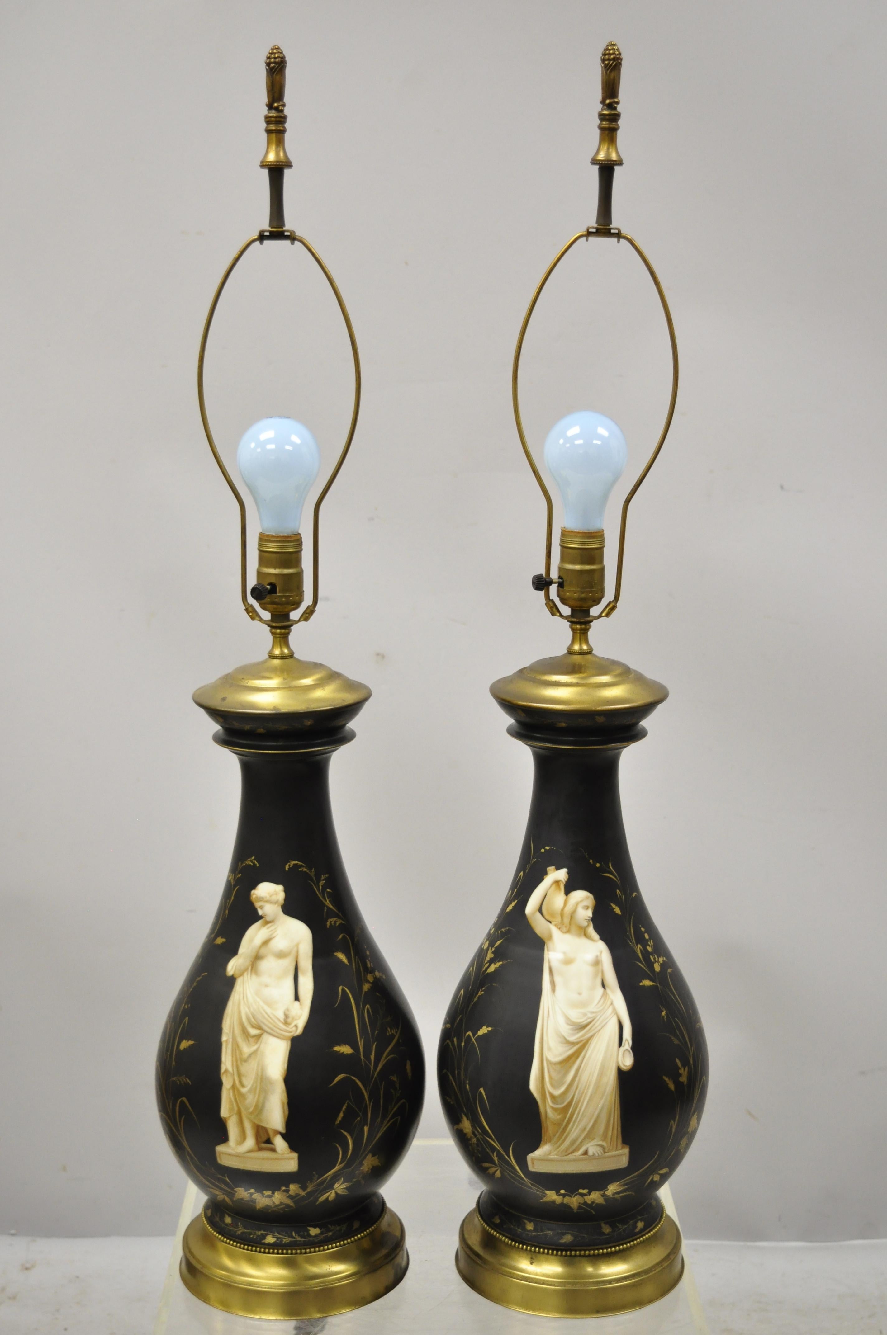 Antique French Neoclassical Black Porcelain Classical Bulbous Table Lamps, Pair For Sale 6