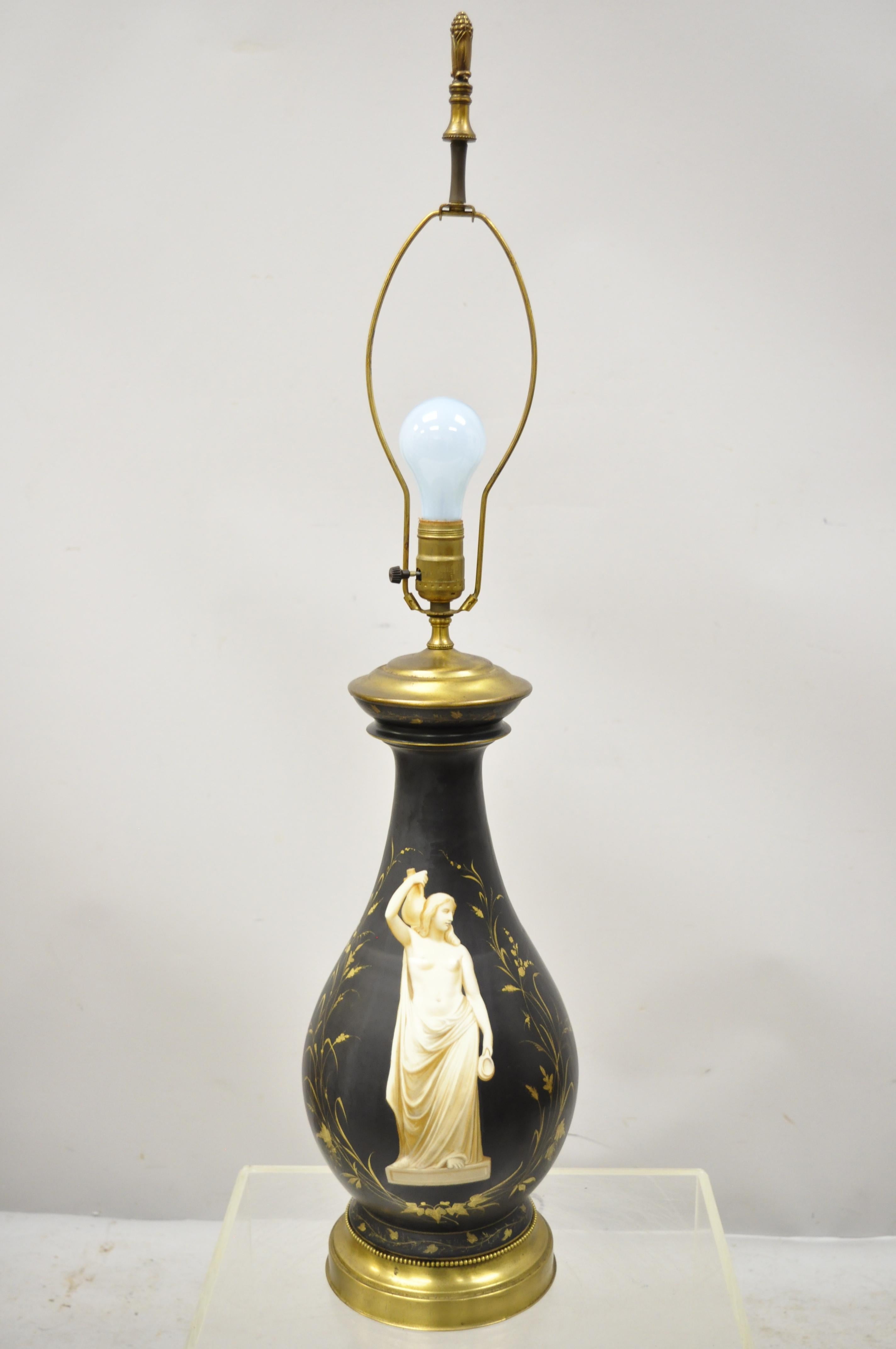 Paire de lampes de bureau bulbeuses classiques néoclassiques françaises anciennes en porcelaine noire en vente 5