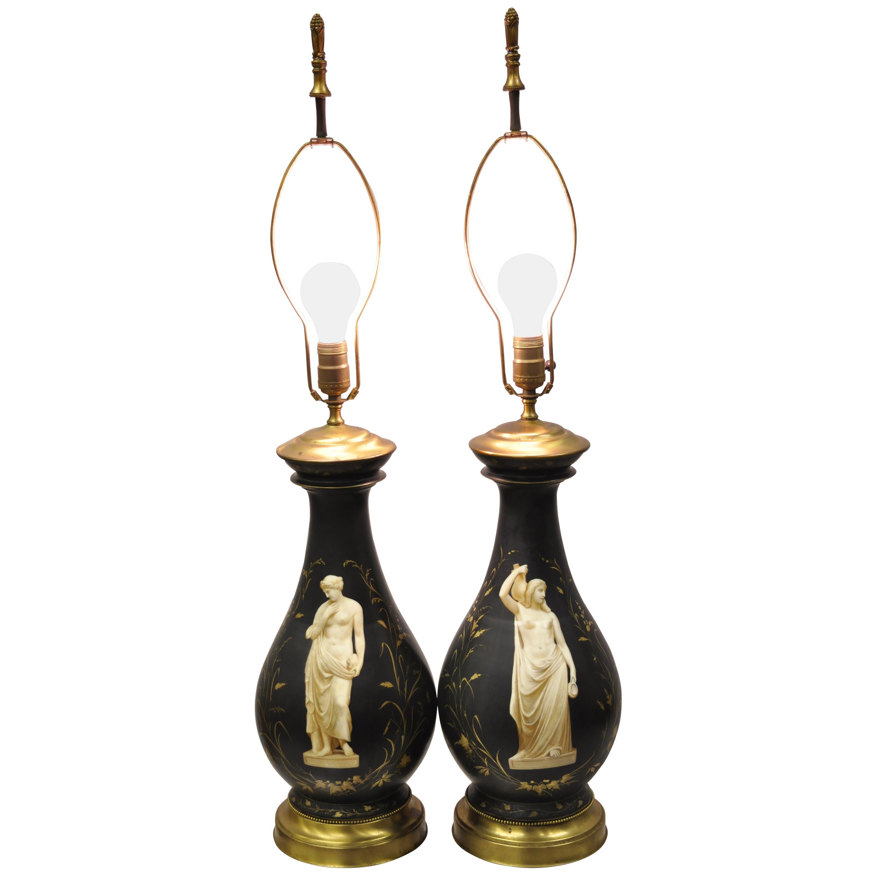 Antique French Neoclassical Black Porcelain Classical Bulbous Table Lamps, Pair
