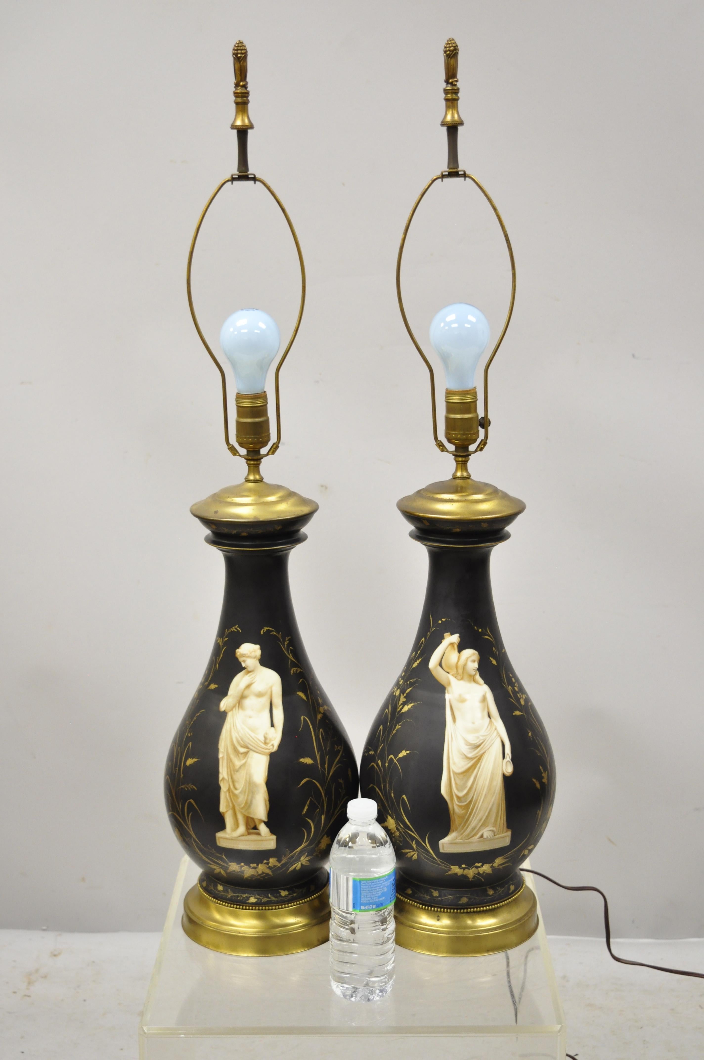Antique French neoclassical black porcelain classical bulbous table lamps - a pair. Item features black bulbous porcelain bodies, painted figural neoclassical/classical figures and leafy scrollwork, very nice antique item, great style and form,