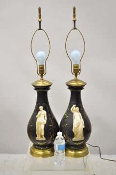 Antique French Neoclassical Black Porcelain Classical Bulbous Table Lamps, Pair