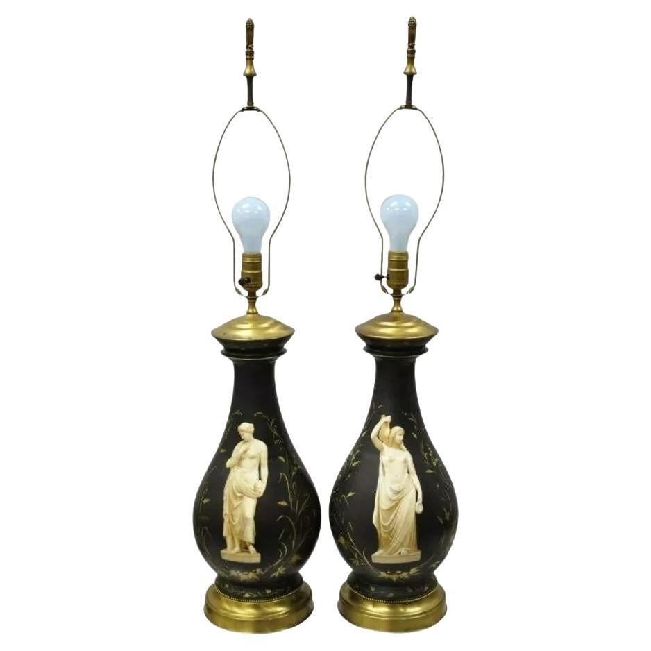 Paire de lampes de bureau bulbeuses classiques néoclassiques françaises anciennes en porcelaine noire