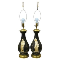 Antique French Neoclassical Black Porcelain Classical Bulbous Table Lamps - Pair