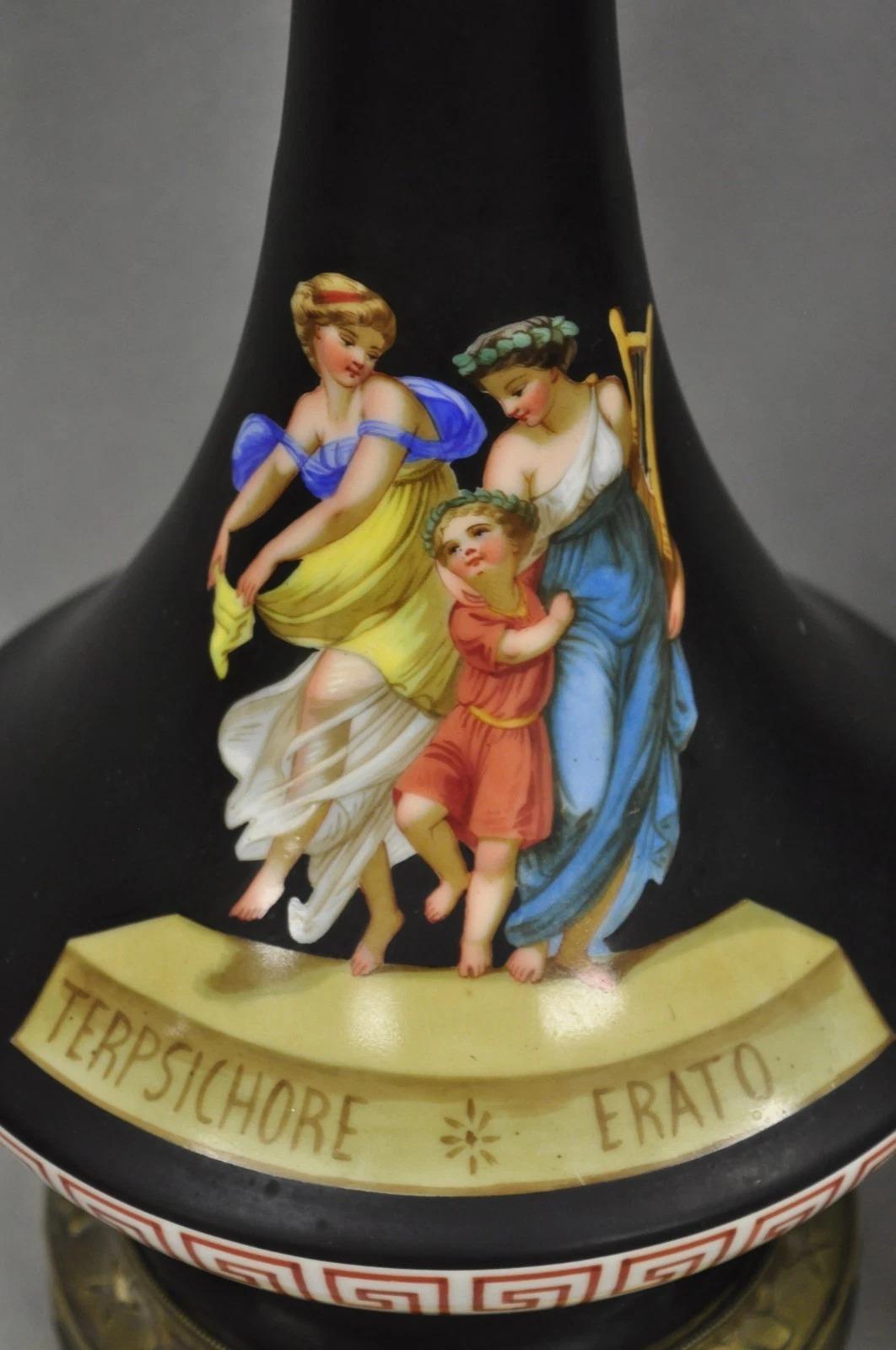 Antiguas Lámparas de Mesa Neoclásicas Francesas Pintadas de Bronce y Porcelana Negra - Pareja Desconocido en venta