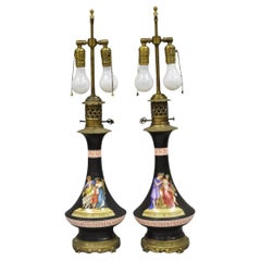 Antique French Neoclassical Bronze & Black Porcelain Painted Table Lamps - Pair